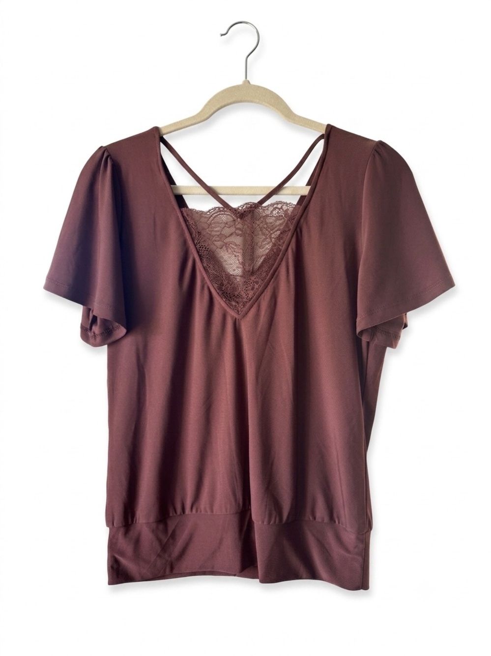 Daytrip Brown Lace-Trim V-Neck Flutter Sleeve Top